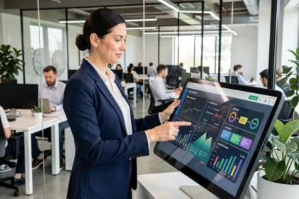 Mujer profesional interactuando con pantalla digital táctil en oficina moderna durante proceso de digitalización empresarial