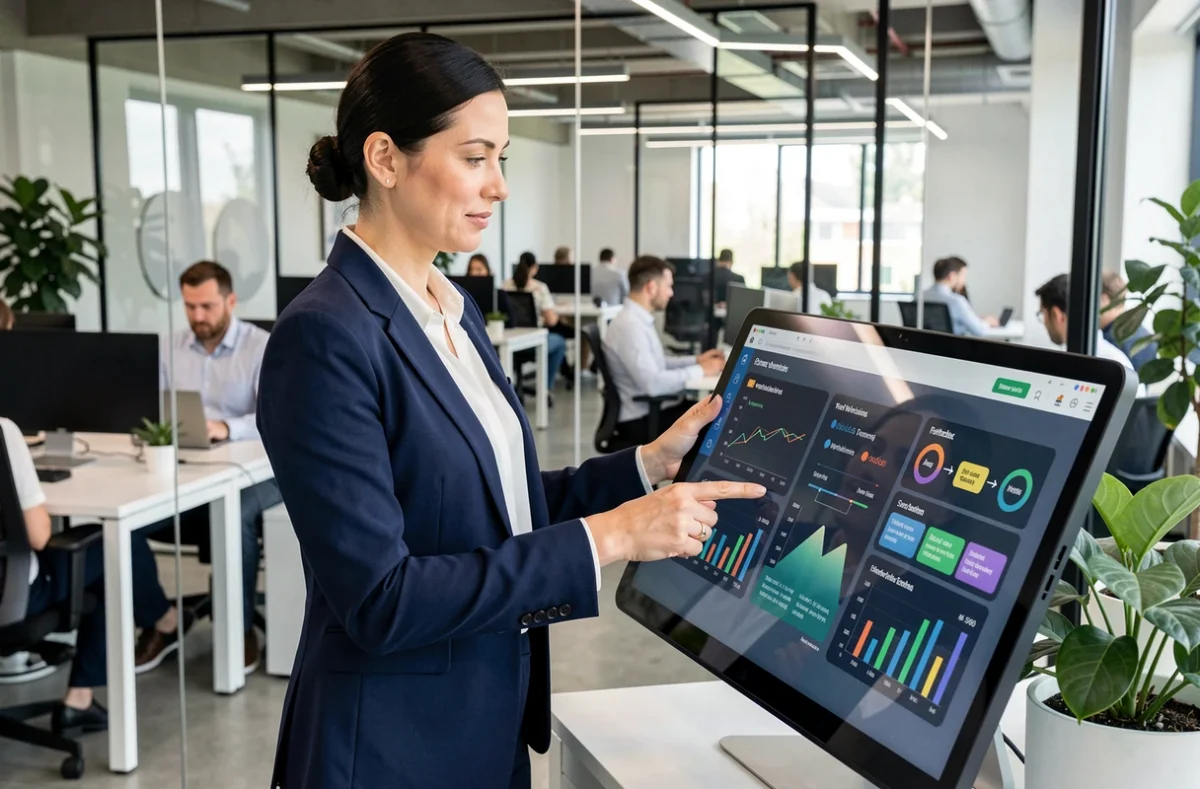 Mujer profesional interactuando con pantalla digital táctil en oficina moderna durante proceso de digitalización empresarial