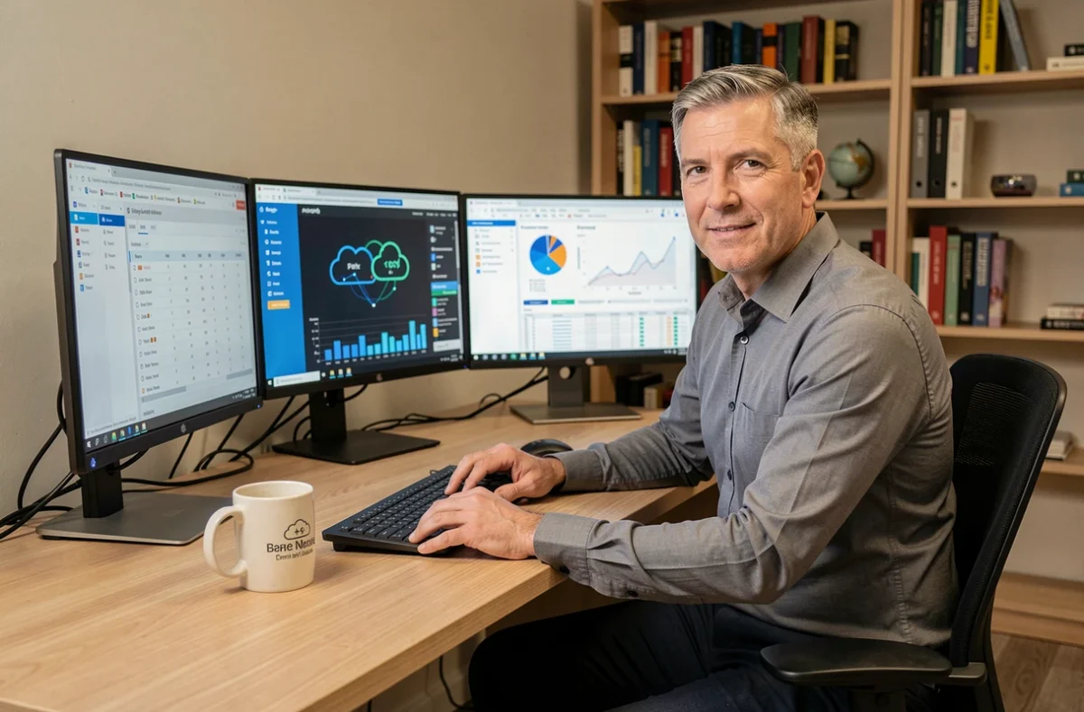 Hombre de negocios trabajando con múltiples pantallas y software de gestión digital en su despacho profesional