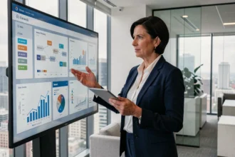 Directiva de empresa analizando paneles de datos tecnológicos en una pantalla táctil en una oficina moderna con vistas a la ciudad