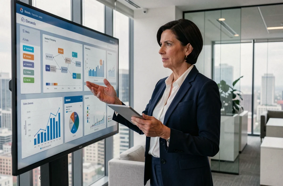 Directiva de empresa analizando paneles de datos tecnológicos en una pantalla táctil en una oficina moderna con vistas a la ciudad