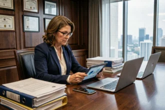 Directiva de empresa tradicional revisando datos digitales en una tablet junto a documentos físicos en una sala de juntas corporativa