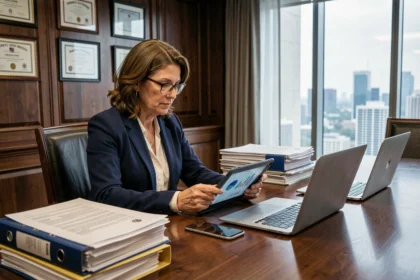 Directiva de empresa tradicional revisando datos digitales en una tablet junto a documentos físicos en una sala de juntas corporativa