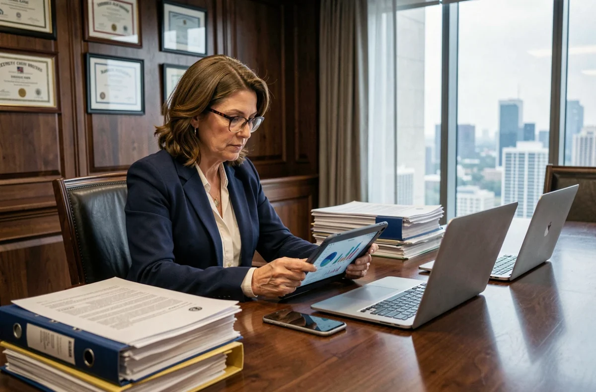 Directiva de empresa tradicional revisando datos digitales en una tablet junto a documentos físicos en una sala de juntas corporativa