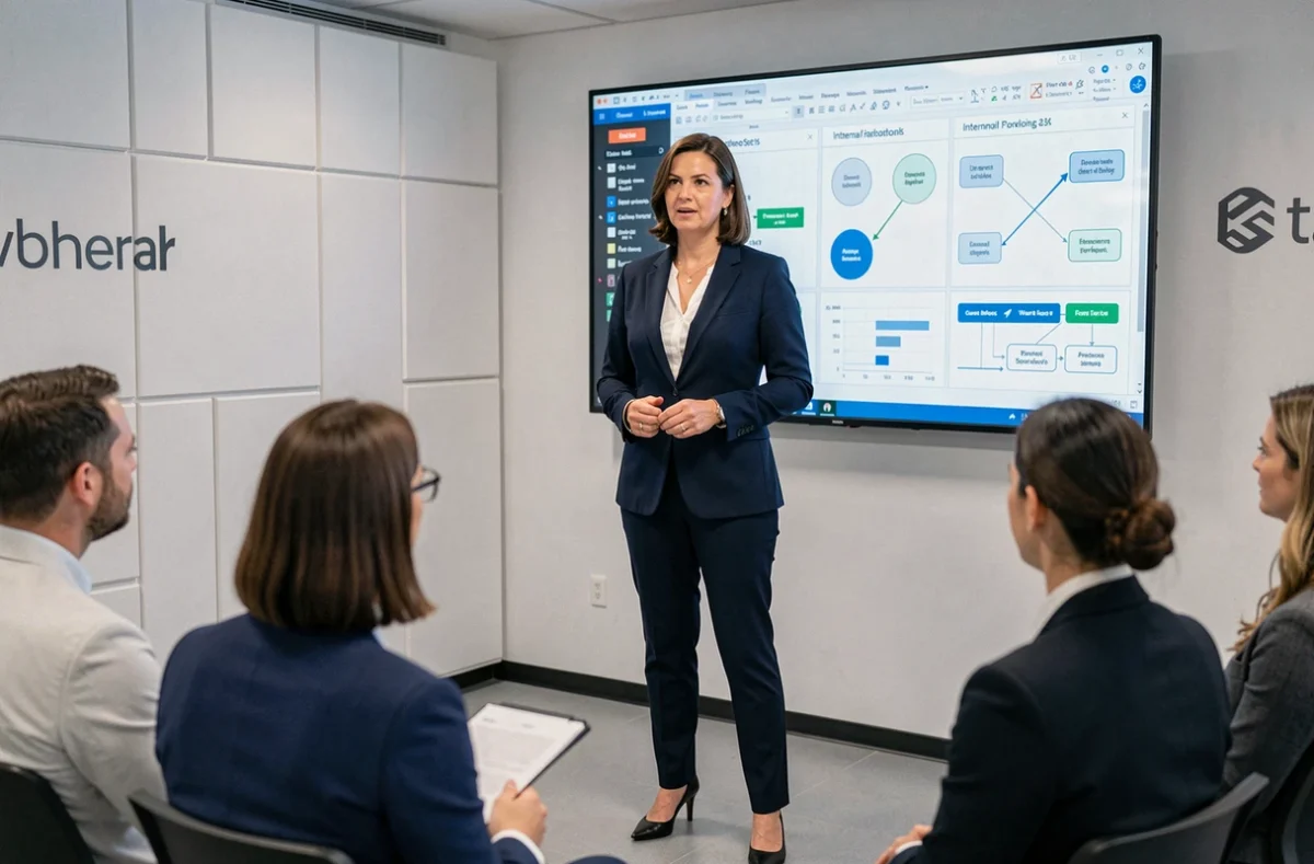 Directiva presentando estrategias de comunicación interna ante sus compañeros de trabajo en una sala de formación corporativa moderna