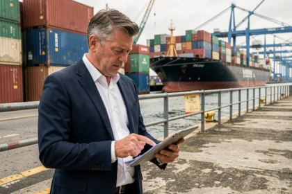 Directivo de logística revisando documentos de importación en un puerto de carga internacional con contenedores apilados al fondo