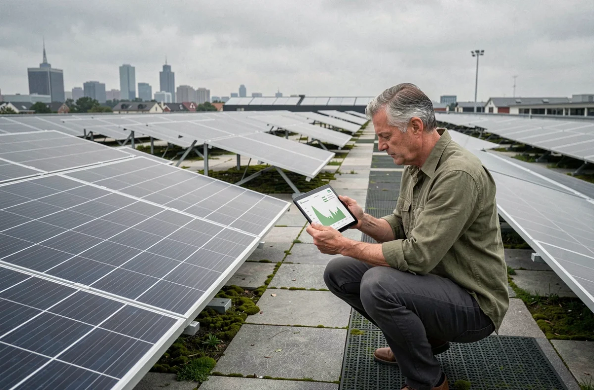 Directivo inspeccionando paneles solares en la azotea de una empresa moderna como parte de una estrategia de sostenibilidad empresarial