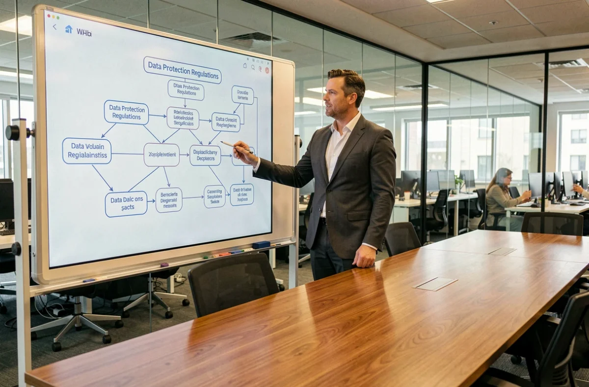 Directivo señalando normativas de protección de datos en pizarra digital interactiva en sala de reuniones corporativa, digitalización legal empresarial