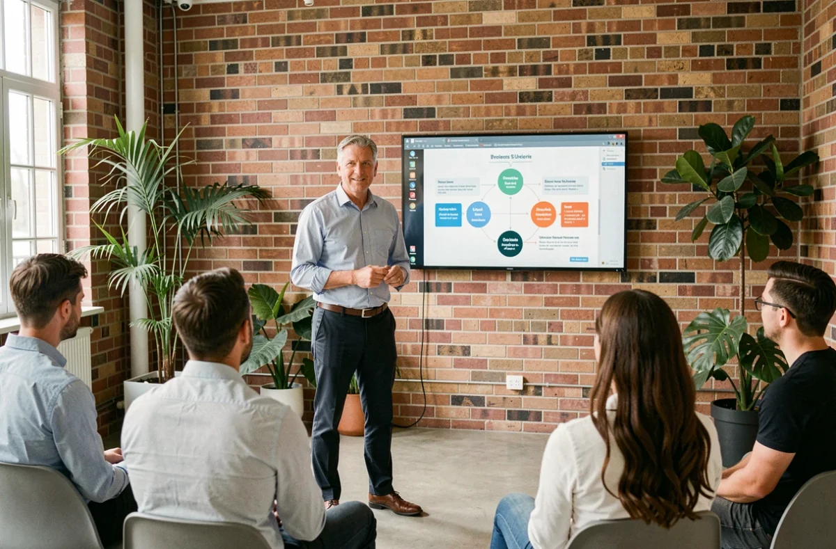 Directivo presentando un programa de desarrollo profesional a empleados en una oficina moderna de concepto abierto
