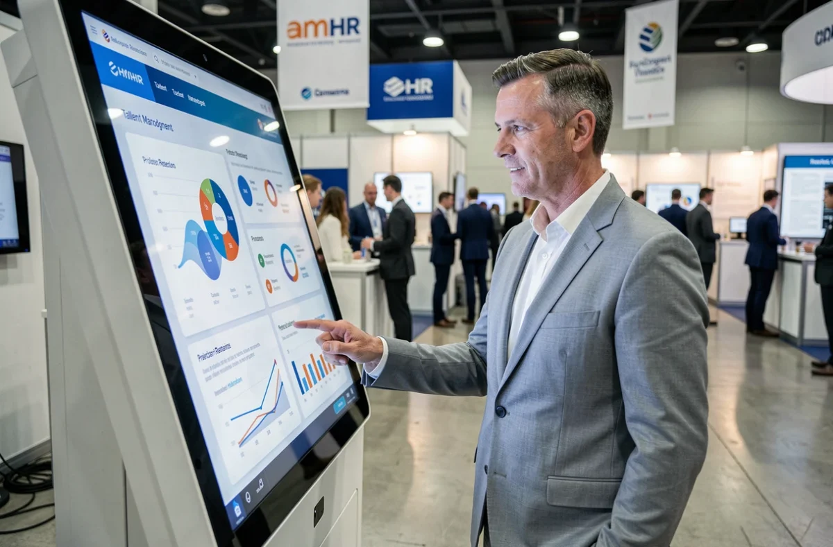 Directivo de recursos humanos explorando una plataforma de gestión del talento con inteligencia artificial en una feria de tecnología empresarial
