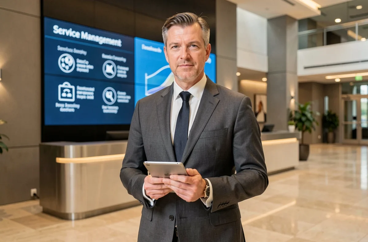 Directivo empresarial sosteniendo una tableta frente a una pared de señalización digital en el vestíbulo de una sede corporativa