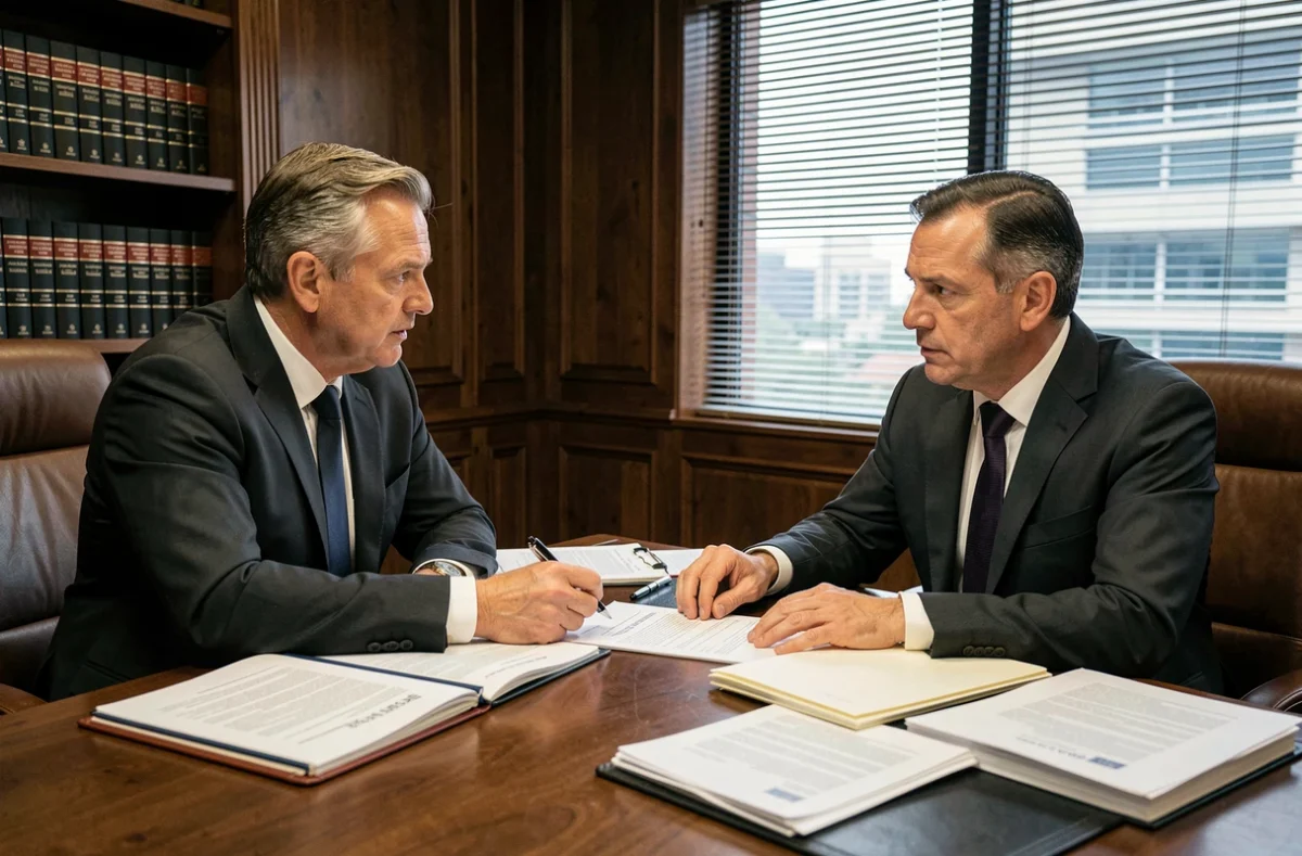 Dos directivos empresariales discutiendo responsabilidades legales sobre contratos en despacho corporativo