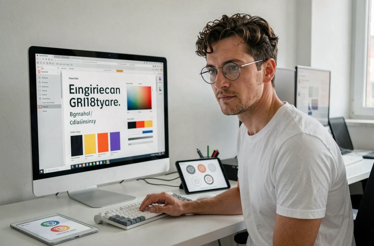 Diseñador gráfico trabajando en una guía de estilo de marca en pantalla de ordenador en oficina moderna