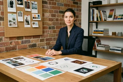 Diseñadora de marca revisando muestras de color y logotipos sobre una mesa de trabajo en estudio creativo