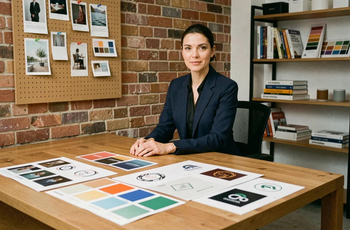 Diseñadora de marca revisando muestras de color y logotipos sobre una mesa de trabajo en estudio creativo
