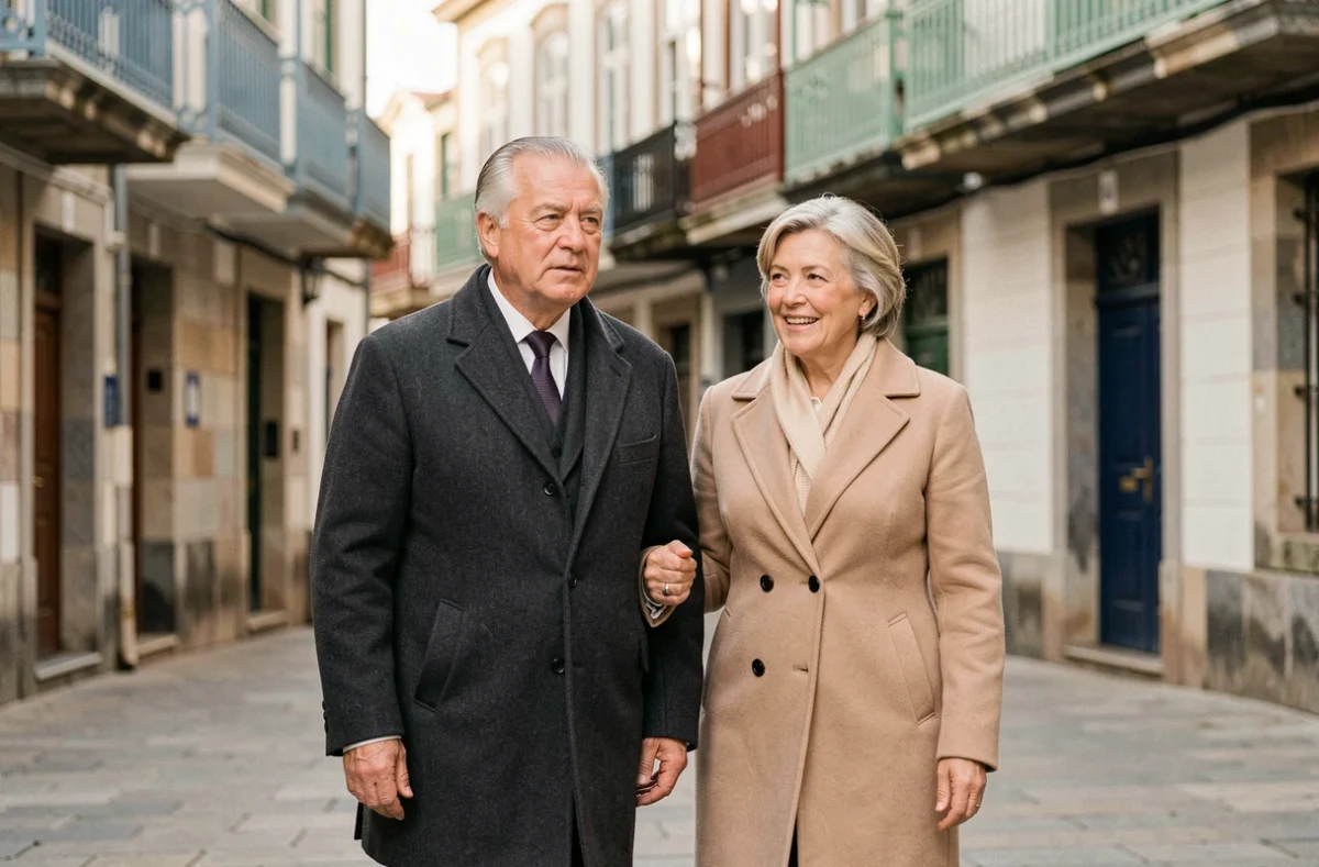 Pareja elegante paseando por el centro histórico de A Coruña, ciudad natal y residencia de Amancio Ortega dueño de Zara
