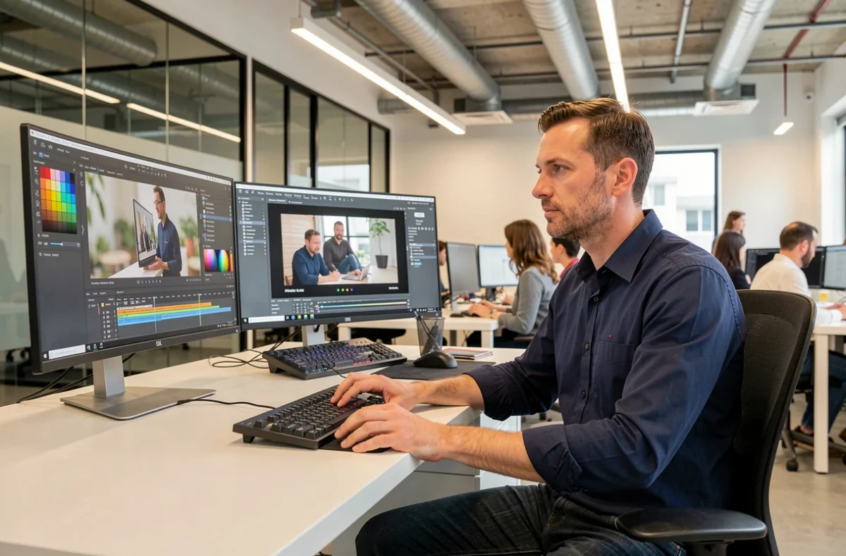 Editor de vídeo revisando y montando un anuncio publicitario en un ordenador con software de edición profesional