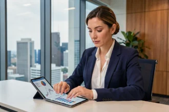 Mujer ejecutiva revisando gráficos financieros en una tablet en una oficina corporativa moderna con vistas a la ciudad, representando la innovación en servicios financieros para empresas