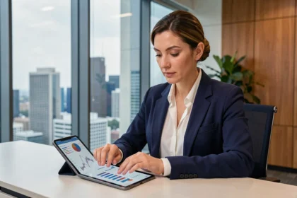 Mujer ejecutiva revisando gráficos financieros en una tablet en una oficina corporativa moderna con vistas a la ciudad, representando la innovación en servicios financieros para empresas