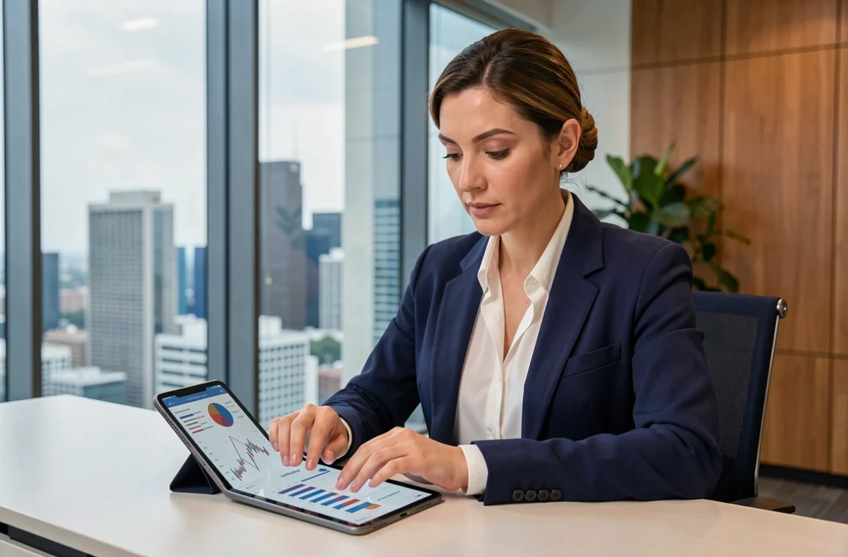 Mujer ejecutiva revisando gráficos financieros en una tablet en una oficina corporativa moderna con vistas a la ciudad, representando la innovación en servicios financieros para empresas