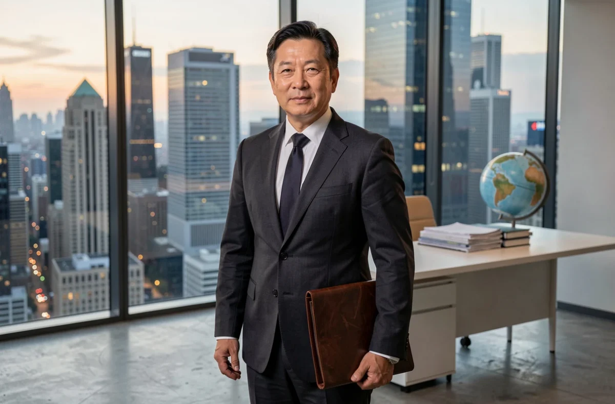 Ejecutivo asiático de mediana edad con traje oscuro frente a una ventana con vistas al skyline financiero urbano, representando el poder económico global