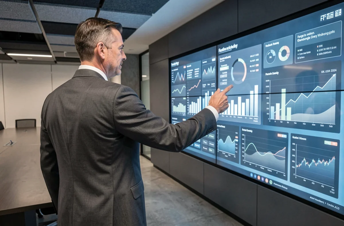 Ejecutivo masculino presentando dashboards financieros digitales en una sala de reuniones tecnológica de alto nivel, representando la transformación e innovación en servicios financieros para empresas