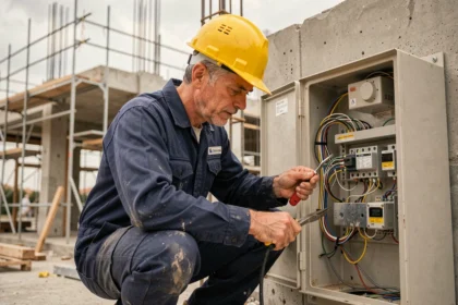 Electricista trabajando en un panel eléctrico en una obra de construcción en España, representando las ocupaciones de difícil cobertura