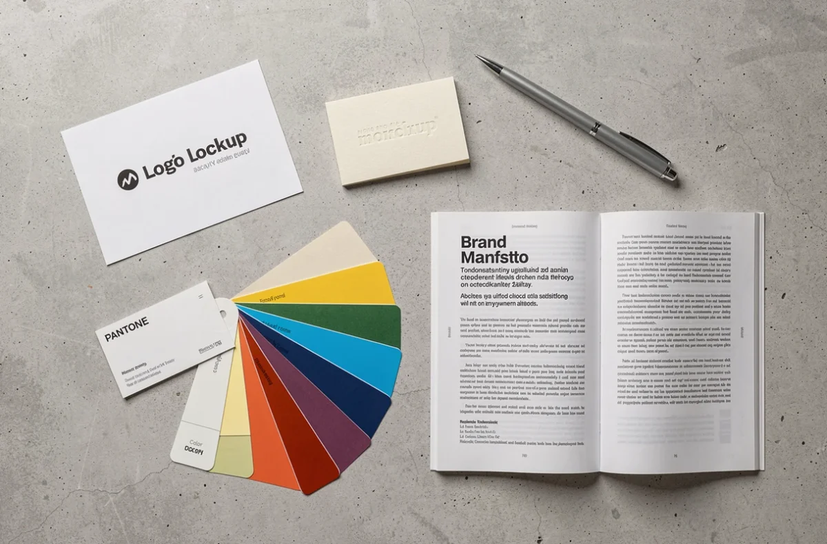 Elementos de identidad visual de marca sobre superficie de hormigón: logotipo, tarjetas, paleta de colores y manual de marca