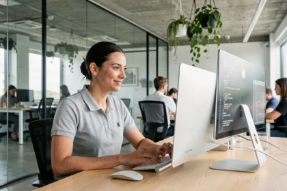 Empleada de Apple trabajando en una iMac en una oficina moderna y minimalista con paredes de cristal