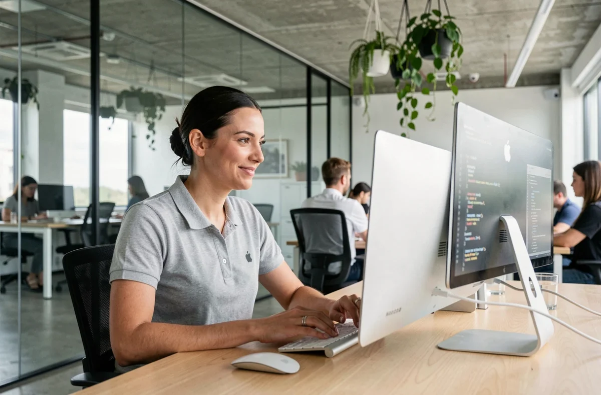 Empleada de Apple trabajando en una iMac en una oficina moderna y minimalista con paredes de cristal