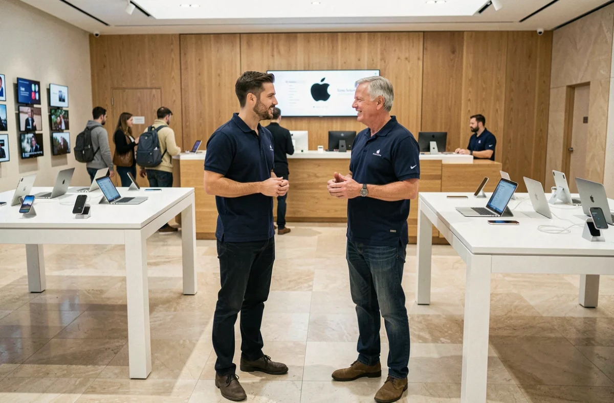 Dos empleados de la Apple Store charlando junto a productos expuestos en una tienda Apple