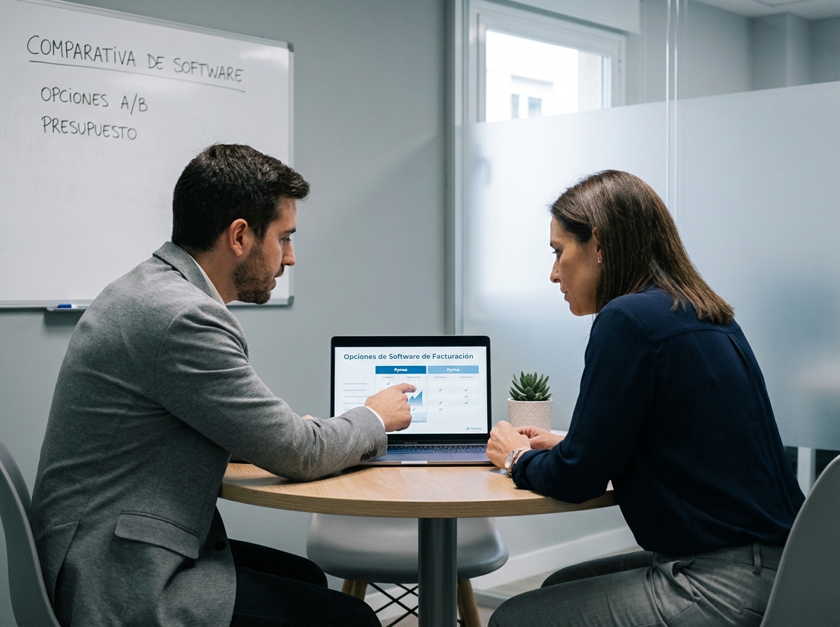 Dos empleados de una pyme española comparando opciones de software de facturación en una reunión de trabajo