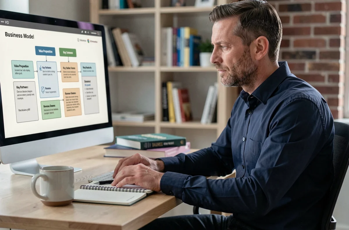 Emprendedor analizando el modelo de negocio y los fundamentos de su empresa en un escritorio con un monitor y cuaderno de notas