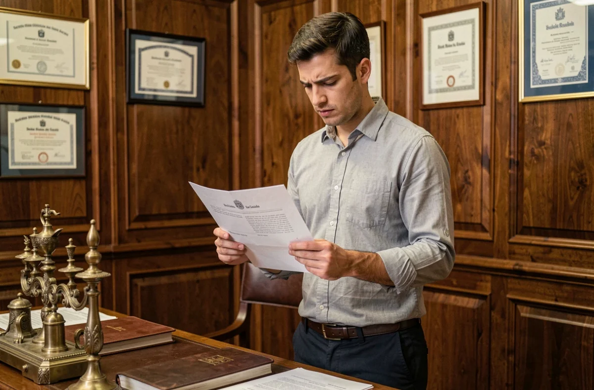 Emprendedor revisando el Boletín Oficial del Estado en una notaría española durante el proceso de creación de empresa