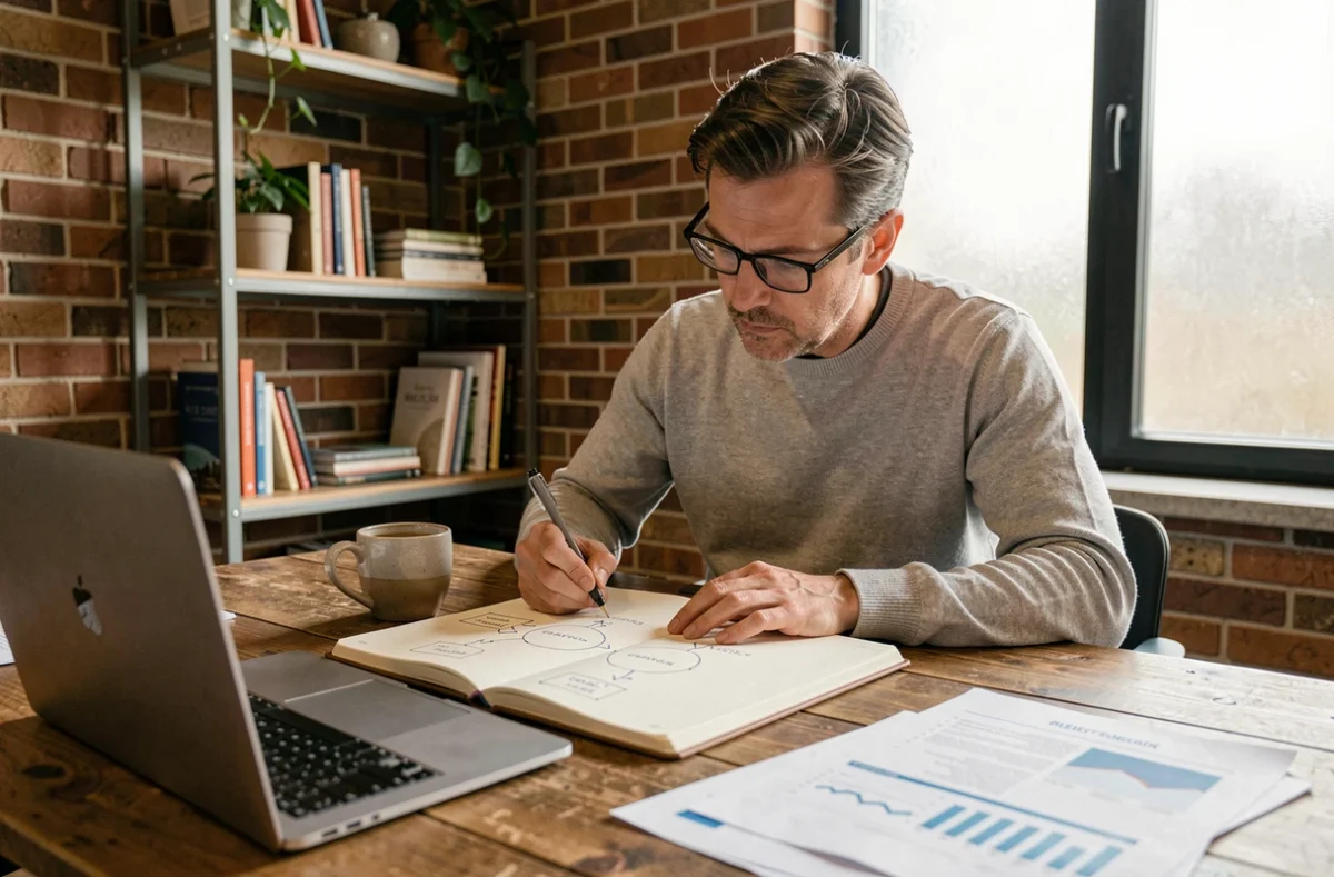 Hombre emprendedor trabajando de forma individual en un espacio de coworking diseñando un plan de innovación para su negocio con notas y esquemas en papel