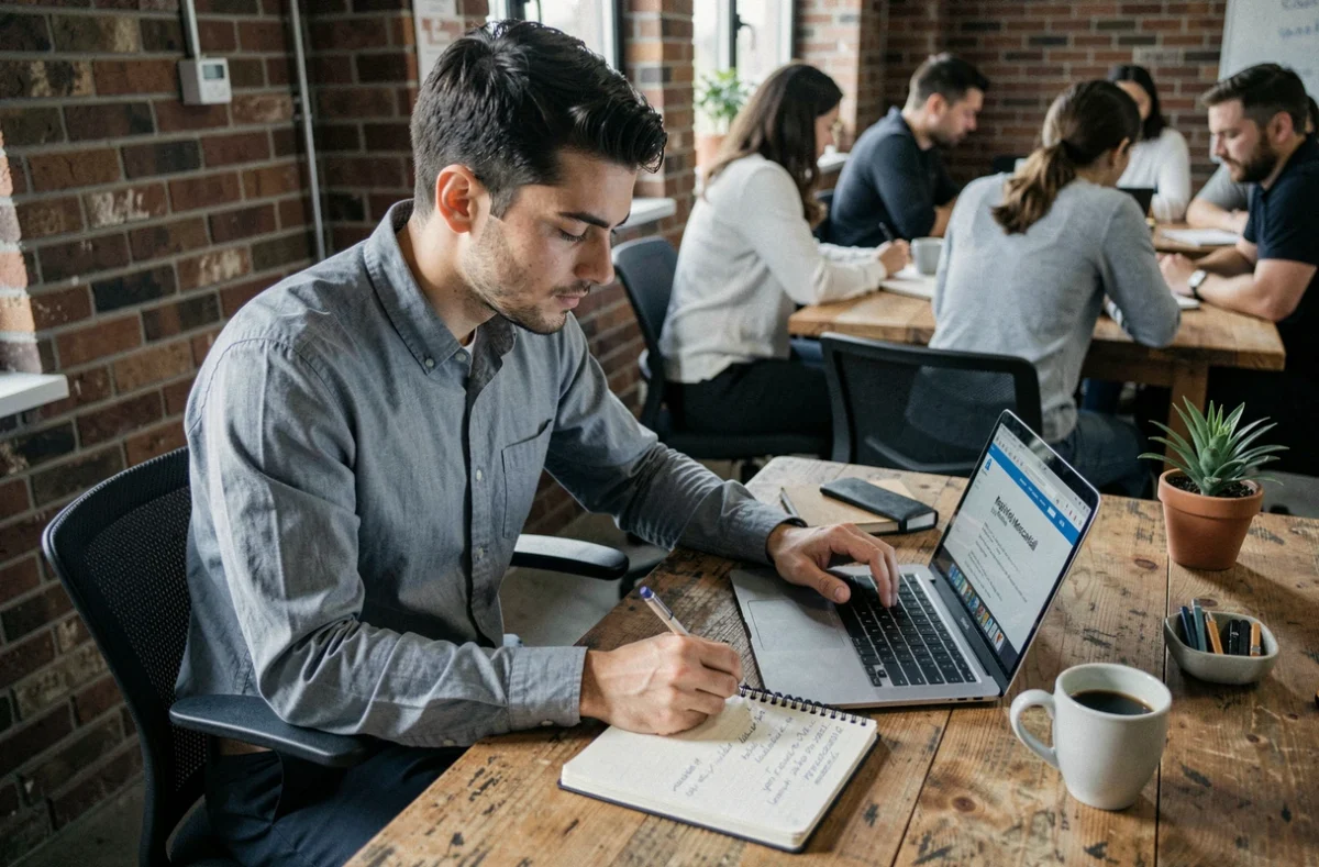 Joven emprendedor consultando el Registro Mercantil de España en un espacio de coworking para crear su empresa