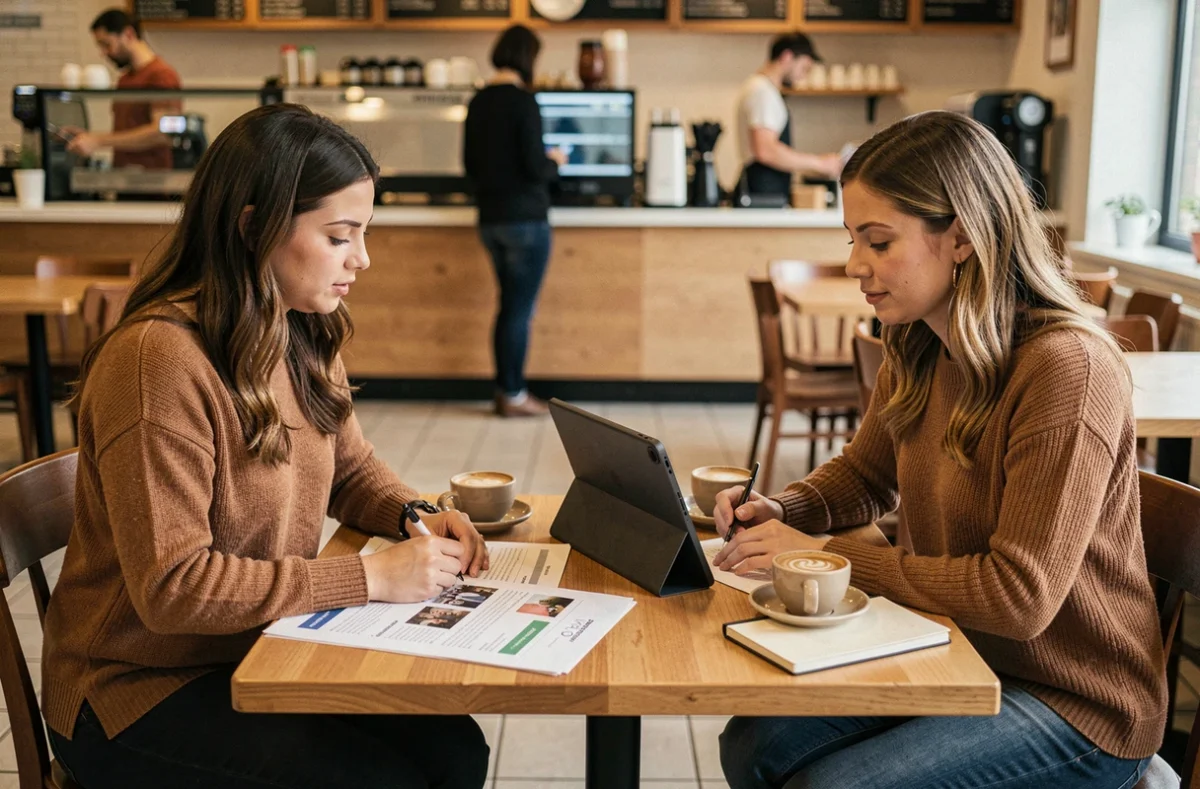 Dos emprendedoras colaborando en estrategias de marketing digital para pymes en una cafetería