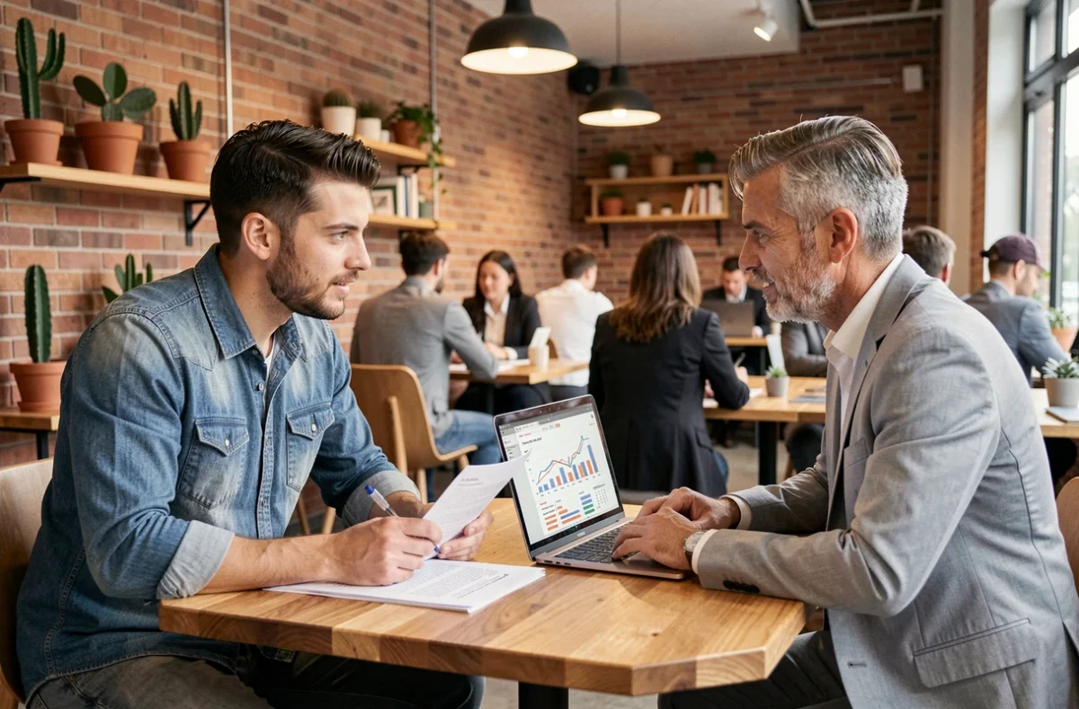 Dos emprendedores revisando proyecciones financieras de una startup en un espacio de coworking con ambiente colaborativo