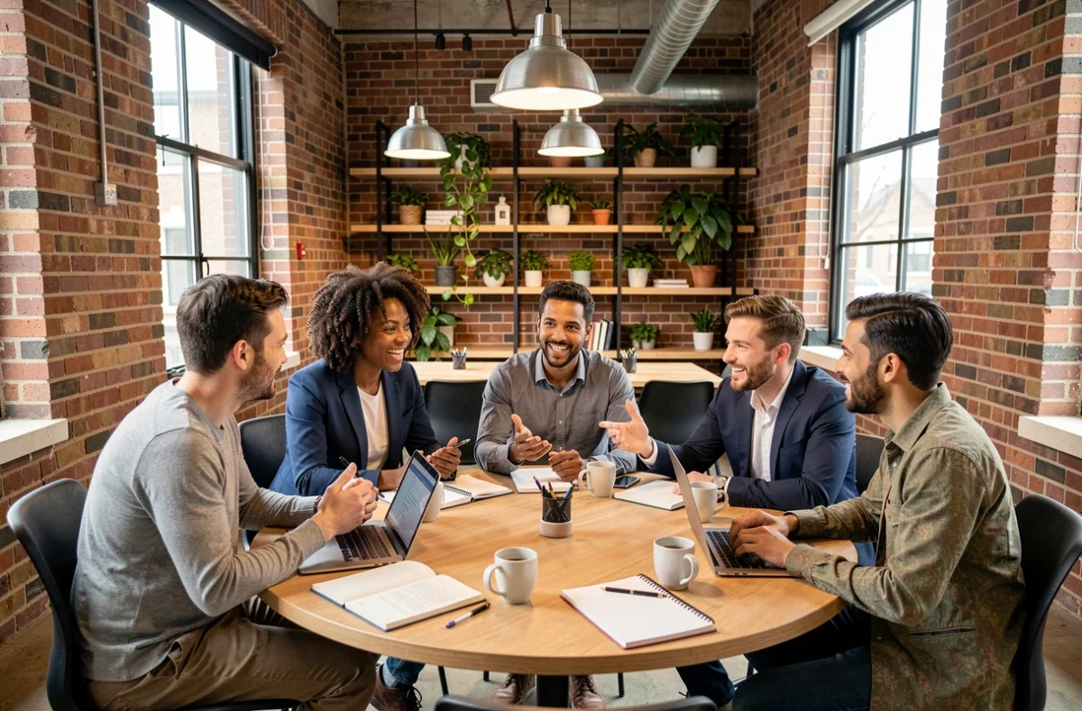 Grupo de emprendedores reunidos en una mesa redonda en un espacio de coworking durante una sesión de networking colaborativo