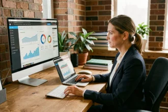 Empresaria analizando métricas de marketing digital en pantallas de ordenador en una oficina de pequeña empresa