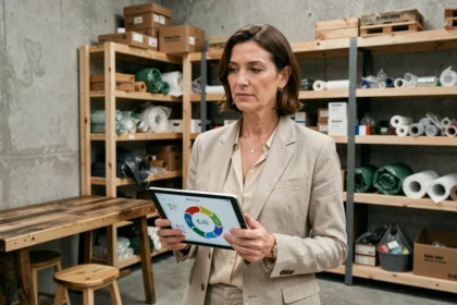 Empresaria sosteniendo una tablet con un diagrama de cadena de suministro circular en un taller de economía circular con materiales reciclados