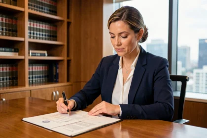 Empresaria firmando documentos legales para constituir una sociedad limitada en un despacho de abogados profesional