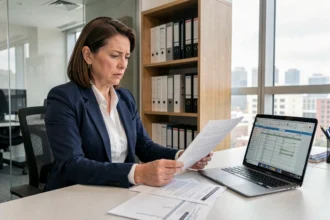 Empresaria revisando documentos de normativa fiscal para pymes en una oficina moderna en 2024