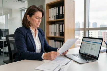 Empresaria revisando documentos de normativa fiscal para pymes en una oficina moderna en 2024