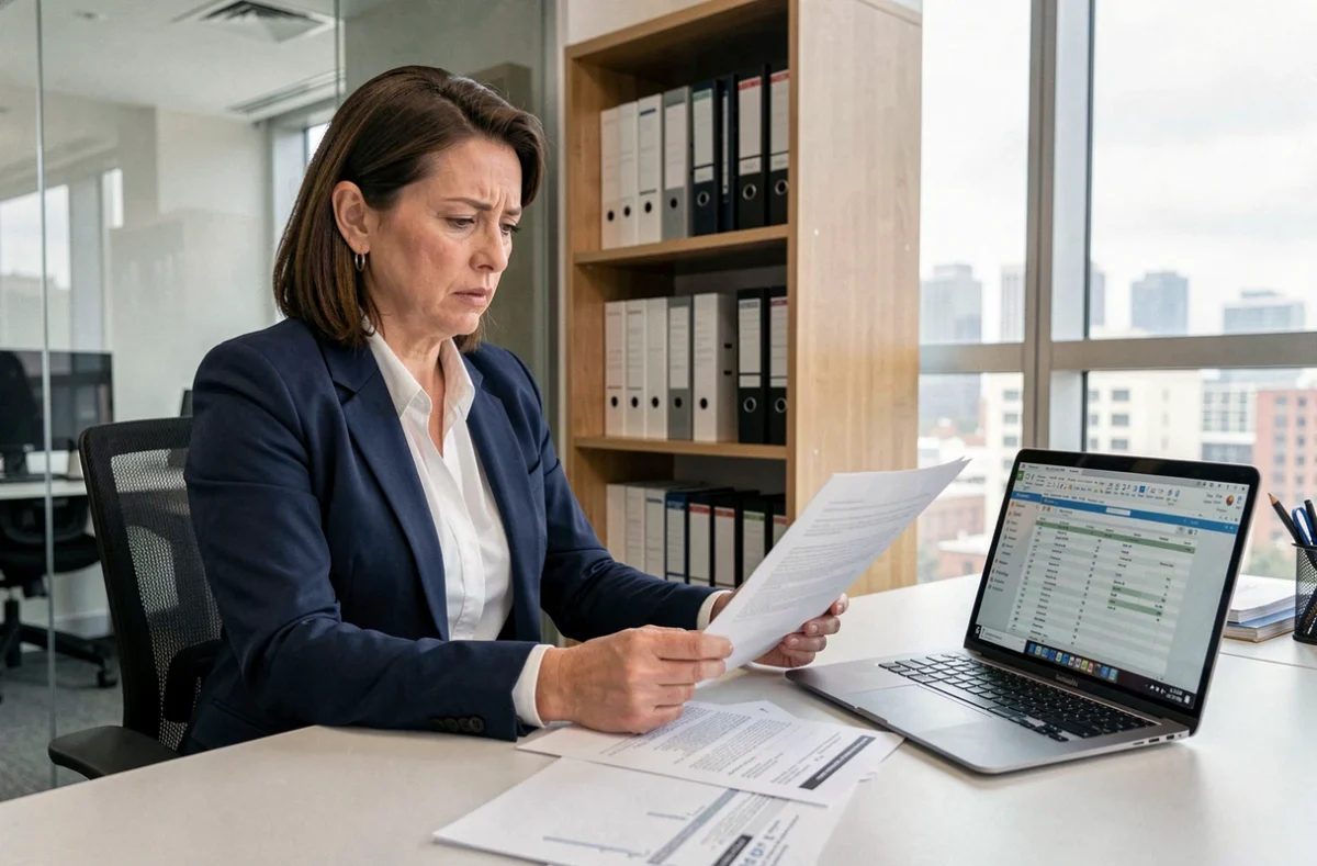 Empresaria revisando documentos de normativa fiscal para pymes en una oficina moderna en 2024