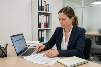 Empresaria revisando documentos administrativos externalizados en una pequeña oficina moderna