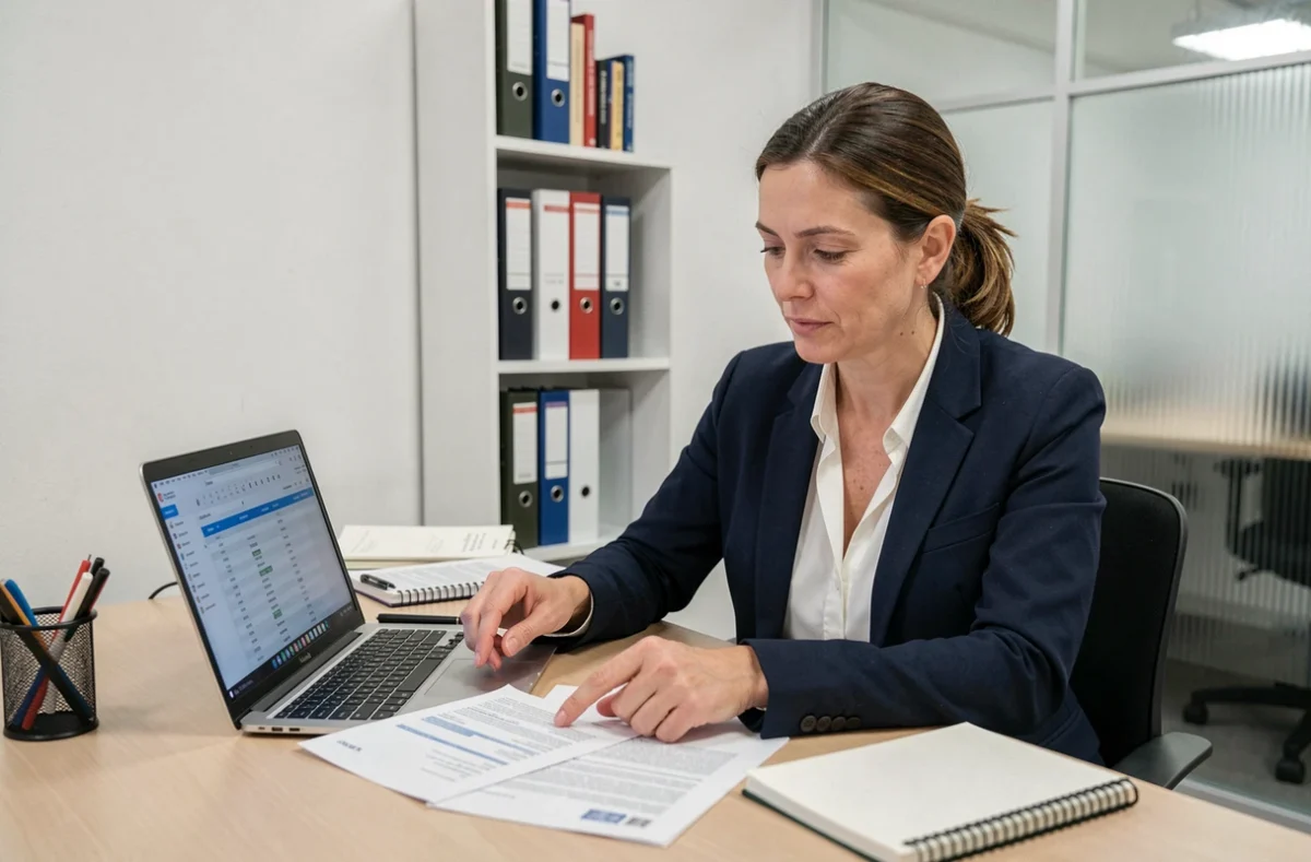 Empresaria revisando documentos administrativos externalizados en una pequeña oficina moderna