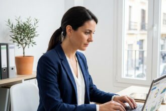Empresaria revisando un software de facturación en su ordenador portátil en la oficina de una pyme española