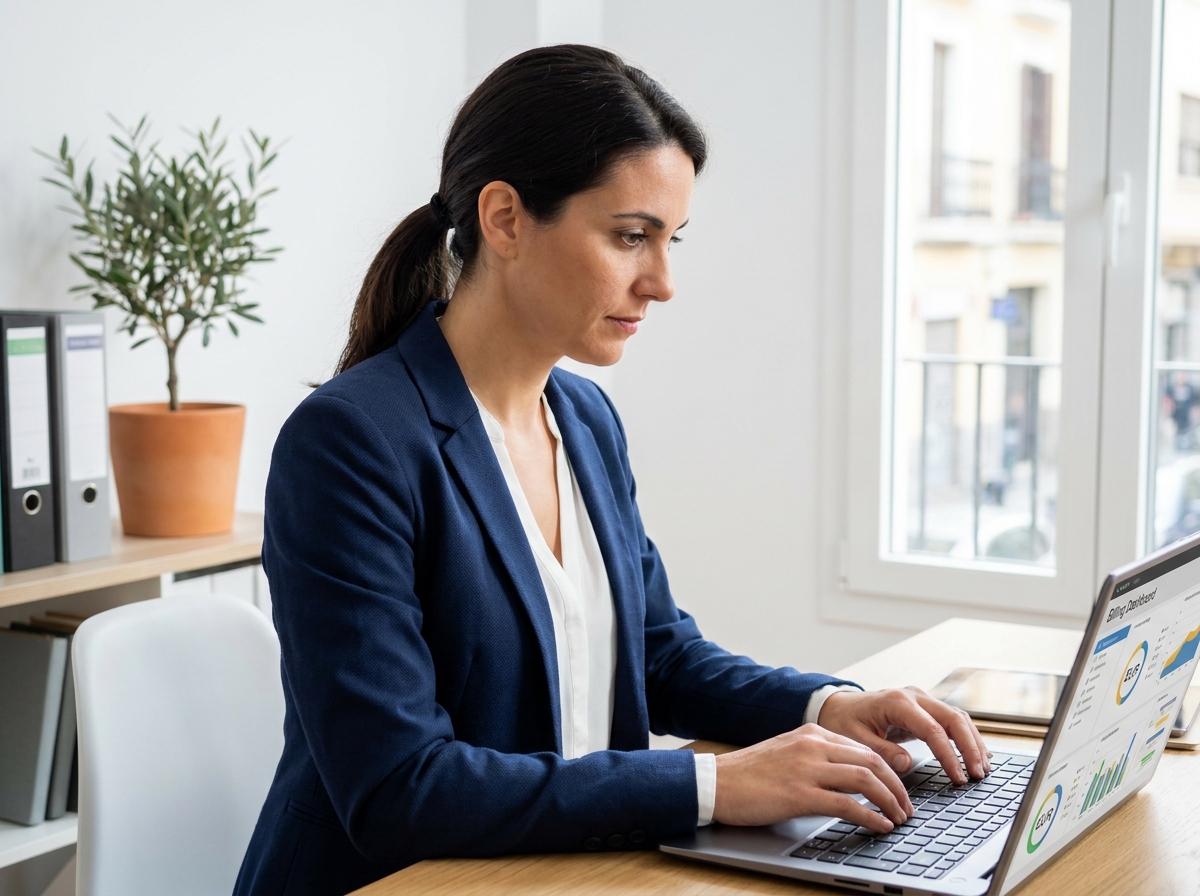 Empresaria revisando un software de facturación en su ordenador portátil en la oficina de una pyme española