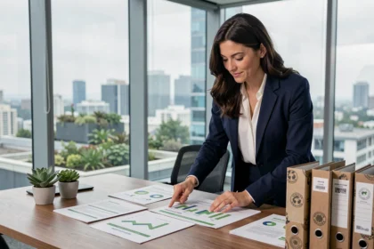 Empresaria revisando informes de sostenibilidad en una sala de reuniones moderna con vistas a jardines urbanos en azoteas